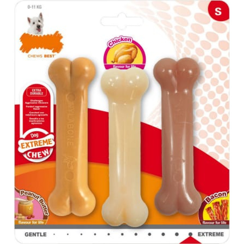 Nylabone Прорезыватель для зубов для собак Nylabone Extreme Chew Value Pack Bacon Арахисовое масло Размер S Курица Нейлон (3 pcs)