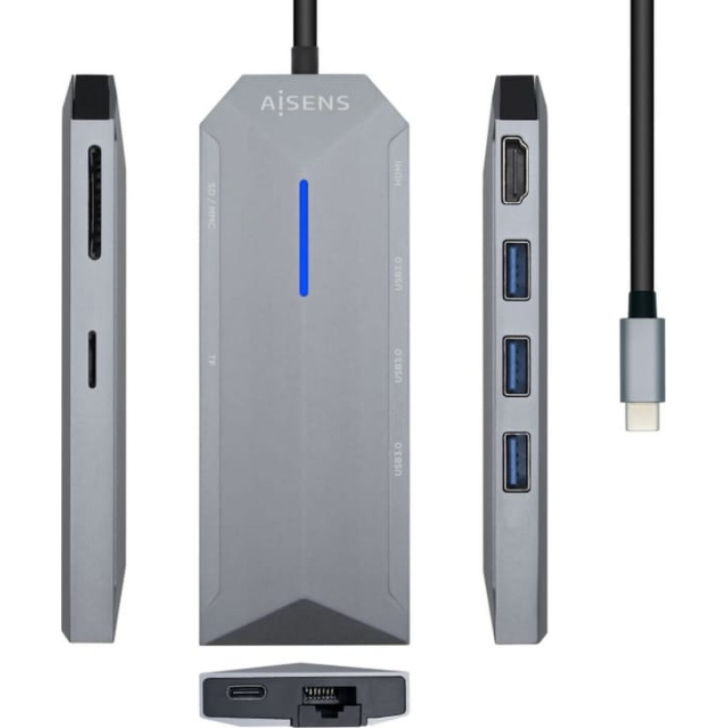 Aisens USB Centrmezgls Aisens USB-C dock 8 en 1, USB-C a 1xHDMI, 1xRJ45, 3xUSB, 1xPD, 1xSD, 1xMicroSD, Gris, 15 cm