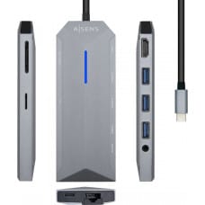 Aisens USB Centrmezgls Aisens USB-C Dock 9 en 1, USB-C a 1x HDMI, 1xRJ45, 3x USB, 1x PD, 1x Audio, 1x SD, 1x Micro SD, Gris, 15 cm