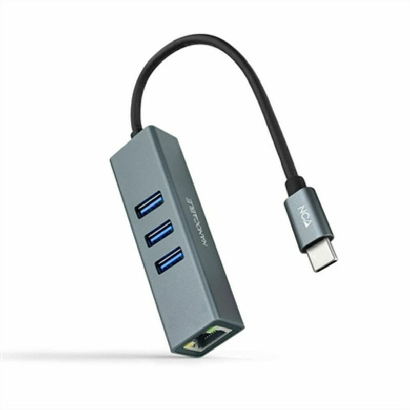 Nanocable USB uz Tīkla Adapteris NANOCABLE Conversor USB-C a Ethernet Gigabit + 3XUSB 3.0, Aluminio, Gris, 15 cm Pelēks