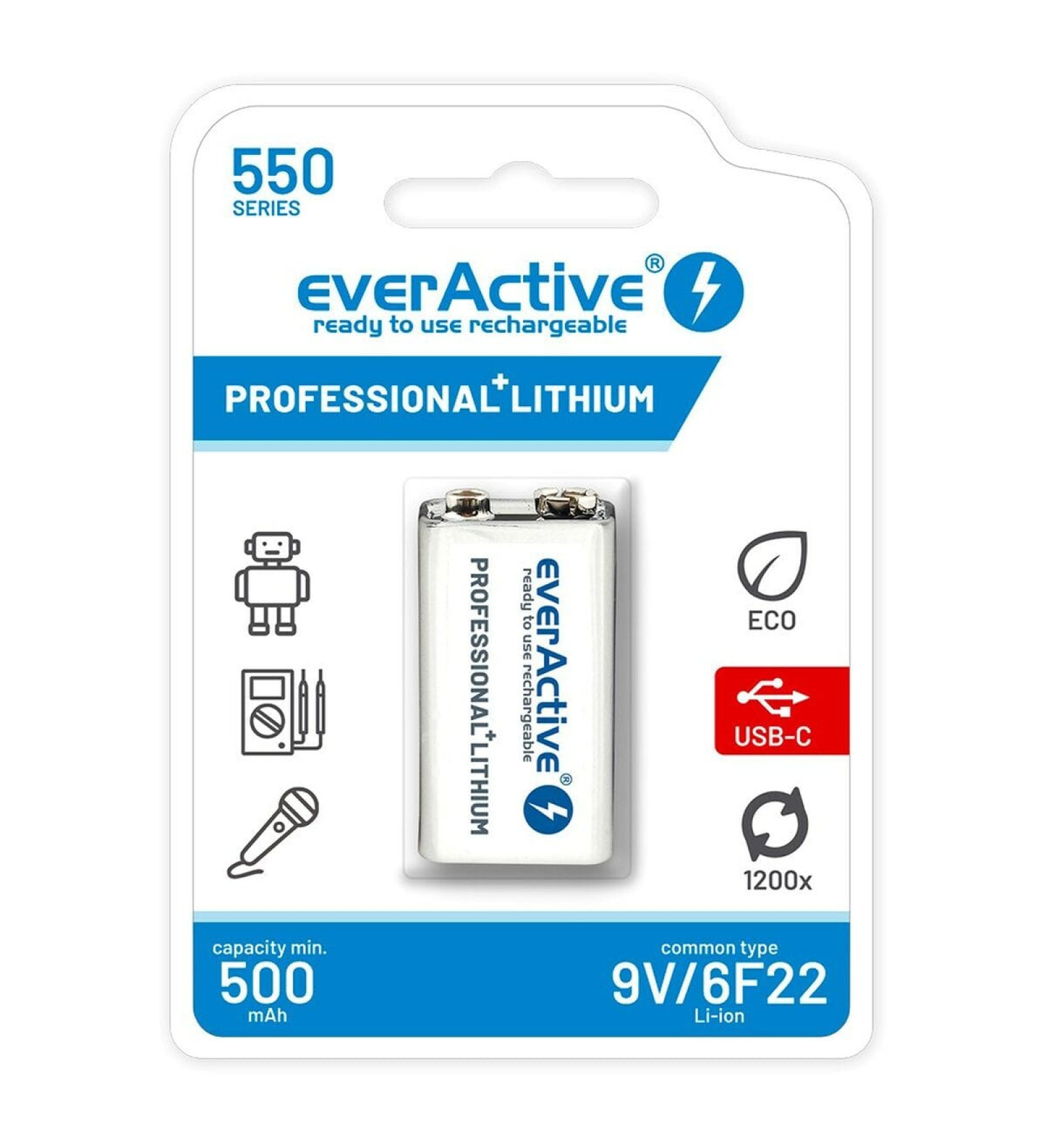 Everactive Atkārtoti Uzlādējamas Baterijas EverActive EVHR22-550C 9 V