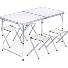Комплект туристического стола, складного стола и 4 белых стульев.