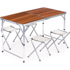 Комплект туристического стола, складного стола и 4 коричневых стульев.